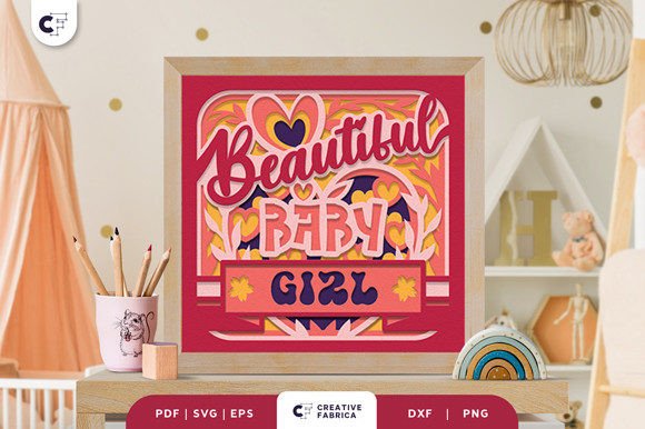 Beautiful Girl Heart Shape 3D Shadow Box 3D SVG for Baby