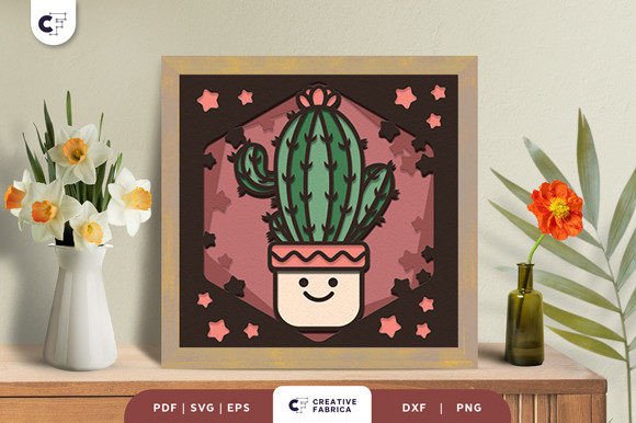 Cactus in a Cute Pot 3D Shadow Box SVG