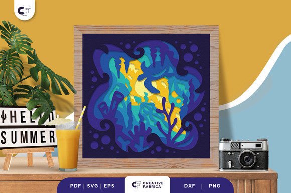 Turtle and Jellyfish 3D Shadow Box SVG
